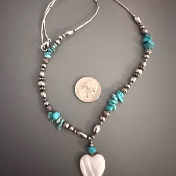 Southwestern Liquid Silver Turquoise Mother of Pearl Heart Necklace 24 Inches - Picture 5 of 5